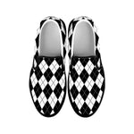 Black And White Argyle Pattern Print Black Slip On Shoes