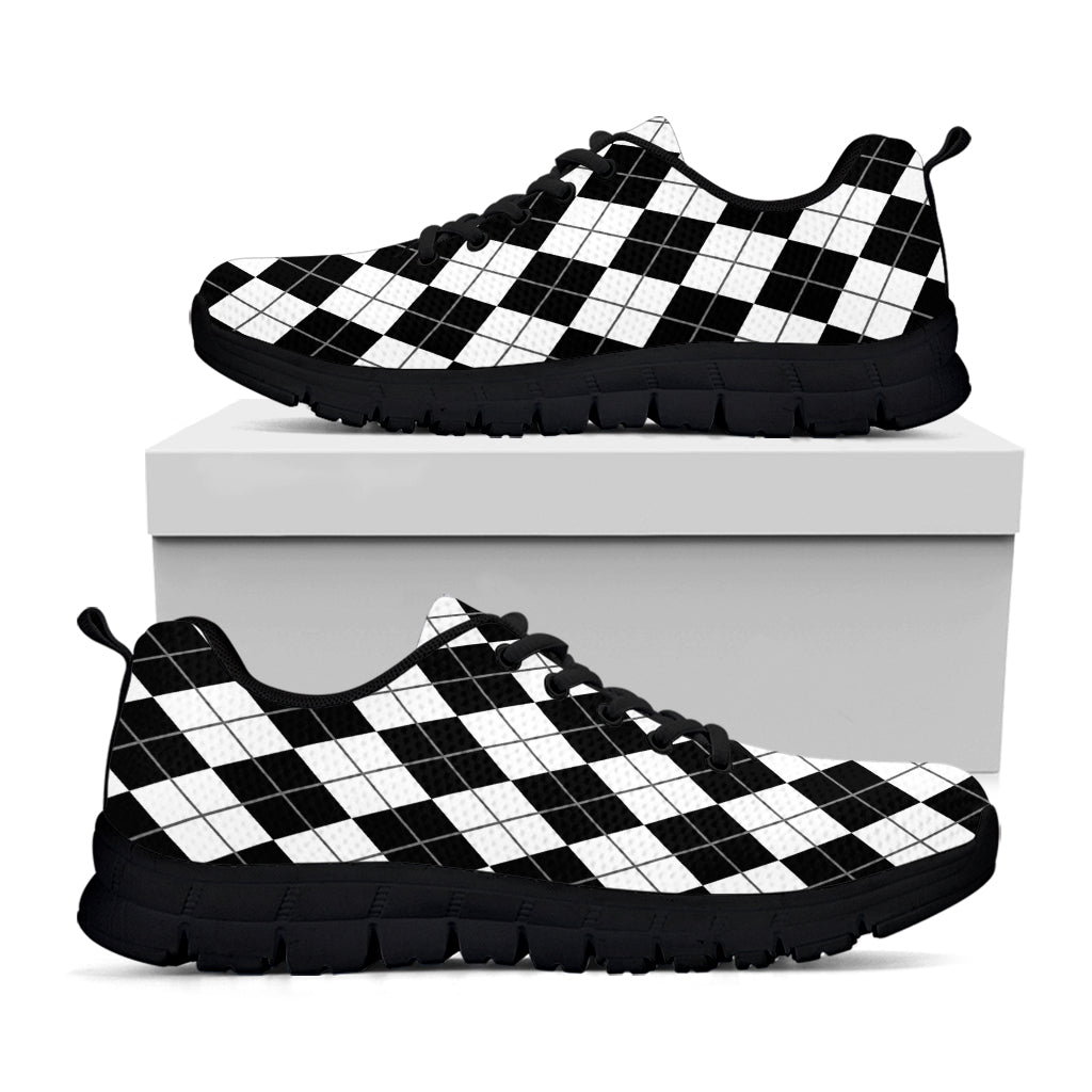 Black And White Argyle Pattern Print Black Sneakers