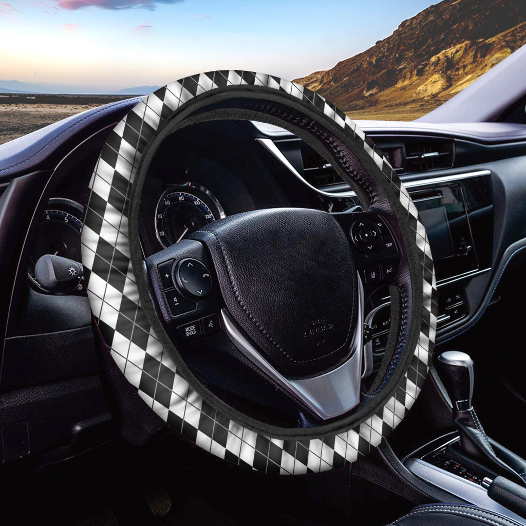 Black And White Argyle Pattern Print Car Steering Wheel Cover