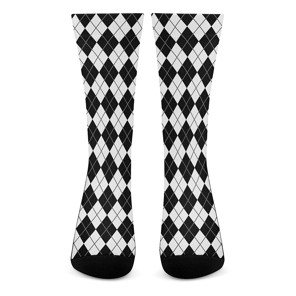 Black And White Argyle Pattern Print Crew Socks