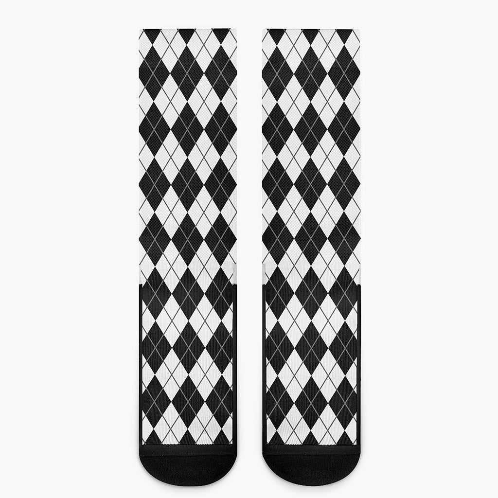 Black And White Argyle Pattern Print Crew Socks