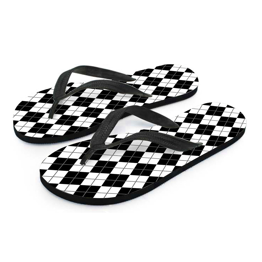 Black And White Argyle Pattern Print Flip Flops