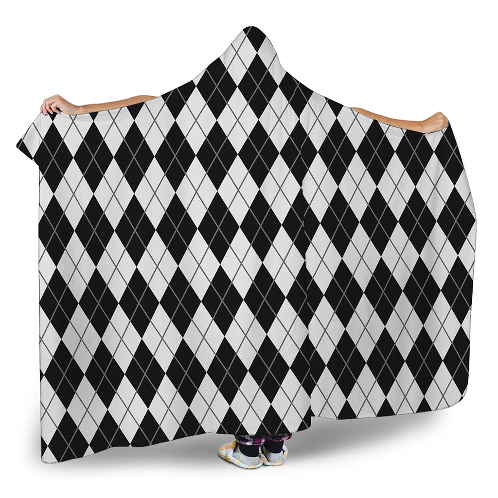 Black And White Argyle Pattern Print Hooded Blanket