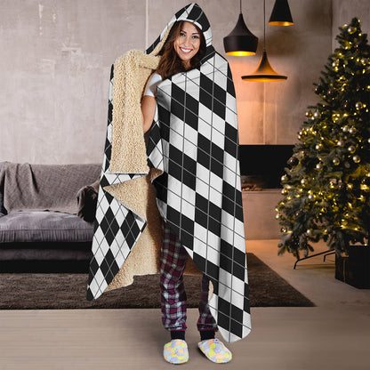 Black And White Argyle Pattern Print Hooded Blanket