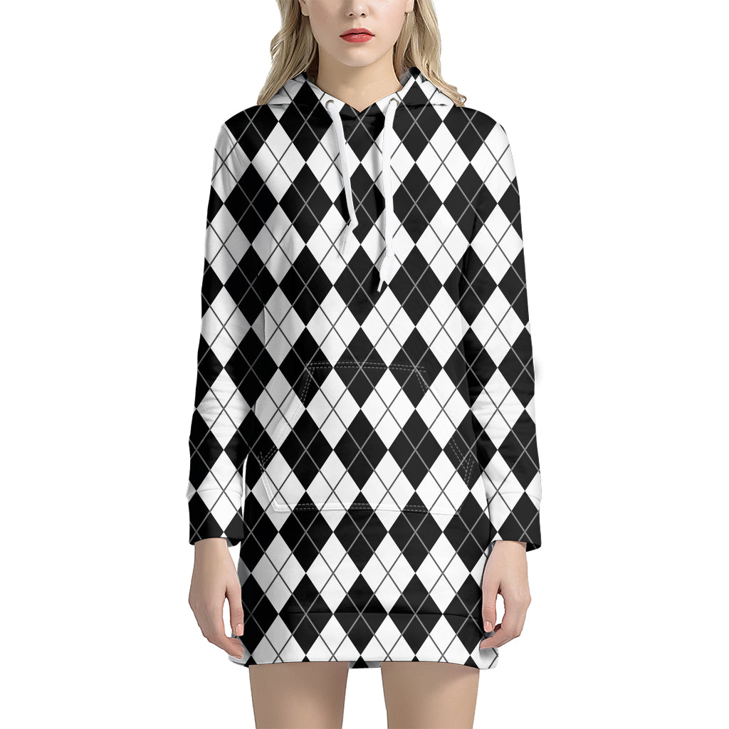 Black And White Argyle Pattern Print Hoodie Dress