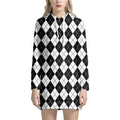 Black And White Argyle Pattern Print Pullover Hoodie Dress