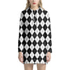 Black And White Argyle Pattern Print Hoodie Dress