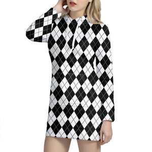 Black And White Argyle Pattern Print Hoodie Dress