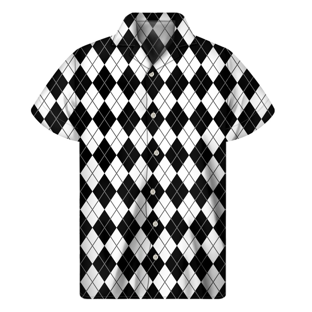 Black And White Argyle Pattern Print Men's Short Sleeve Shirt