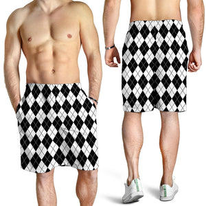 Black And White Argyle Pattern Print Men's Shorts