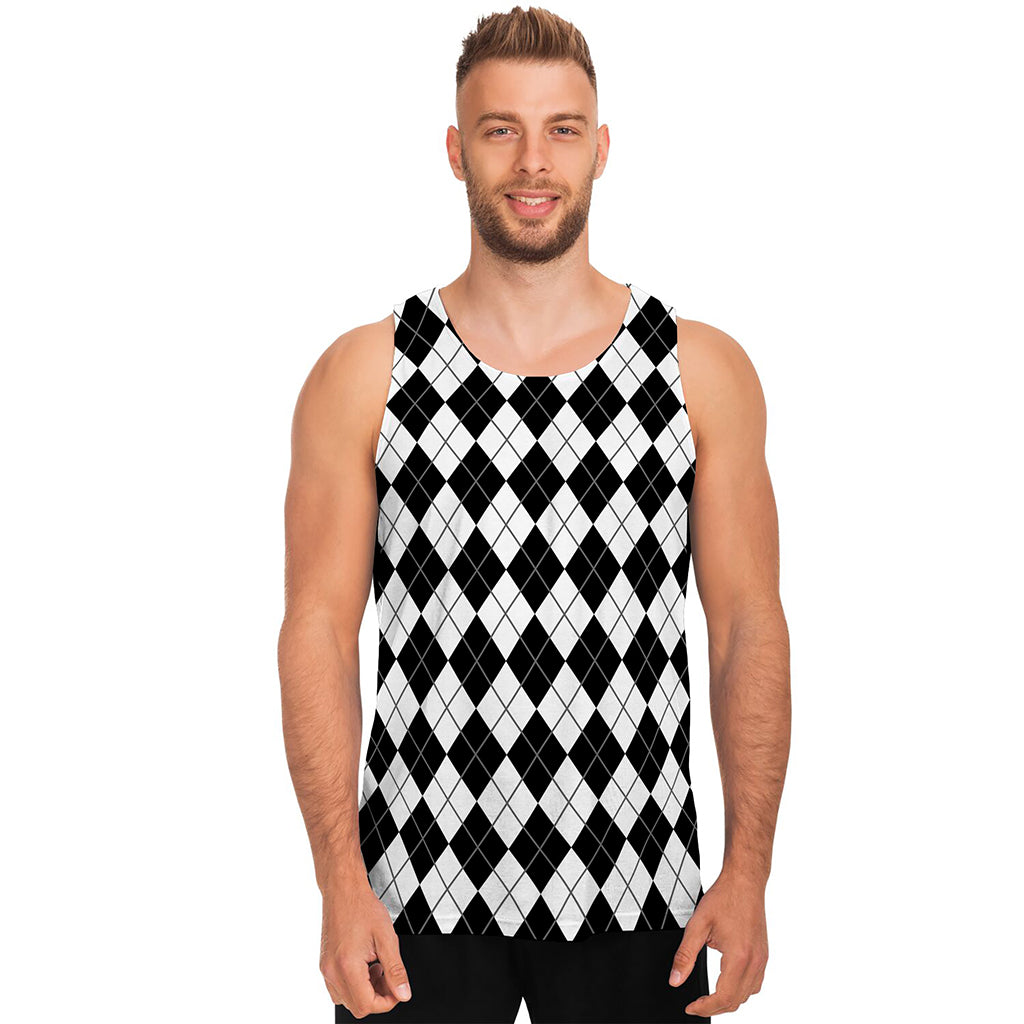 Black And White Argyle Pattern Print Men's Tank Top