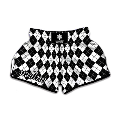 Black And White Argyle Pattern Print Muay Thai Boxing Shorts