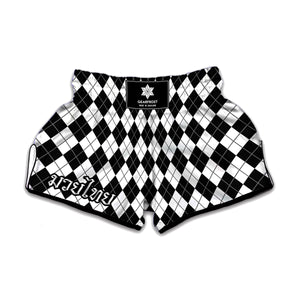 Black And White Argyle Pattern Print Muay Thai Boxing Shorts