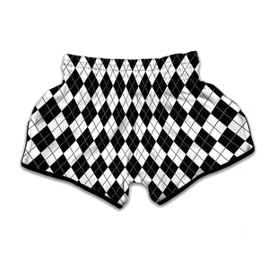 Black And White Argyle Pattern Print Muay Thai Boxing Shorts