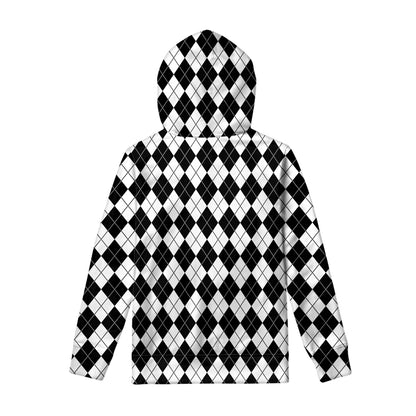 Black And White Argyle Pattern Print Pullover Hoodie