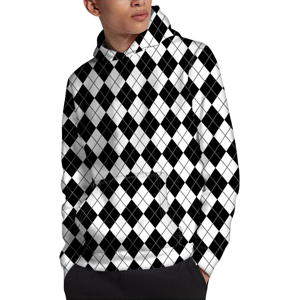 Black And White Argyle Pattern Print Pullover Hoodie