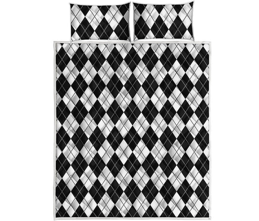 Black And White Argyle Pattern Print Quilt Bed Set