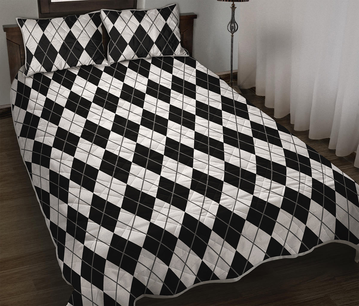 Black And White Argyle Pattern Print Quilt Bed Set