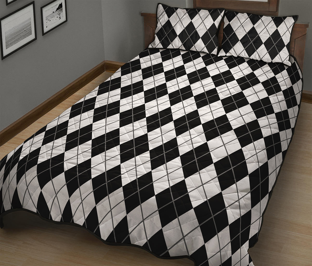Black And White Argyle Pattern Print Quilt Bed Set