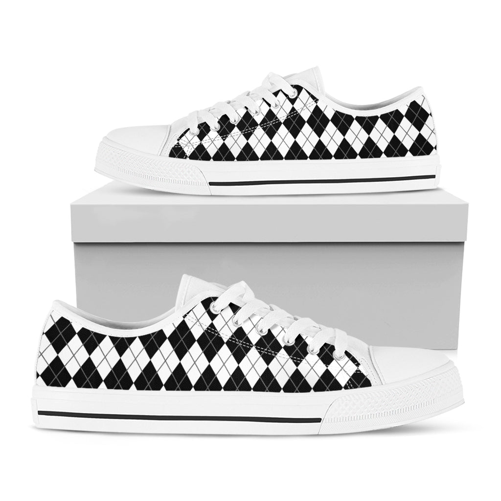 Black And White Argyle Pattern Print White Low Top Shoes