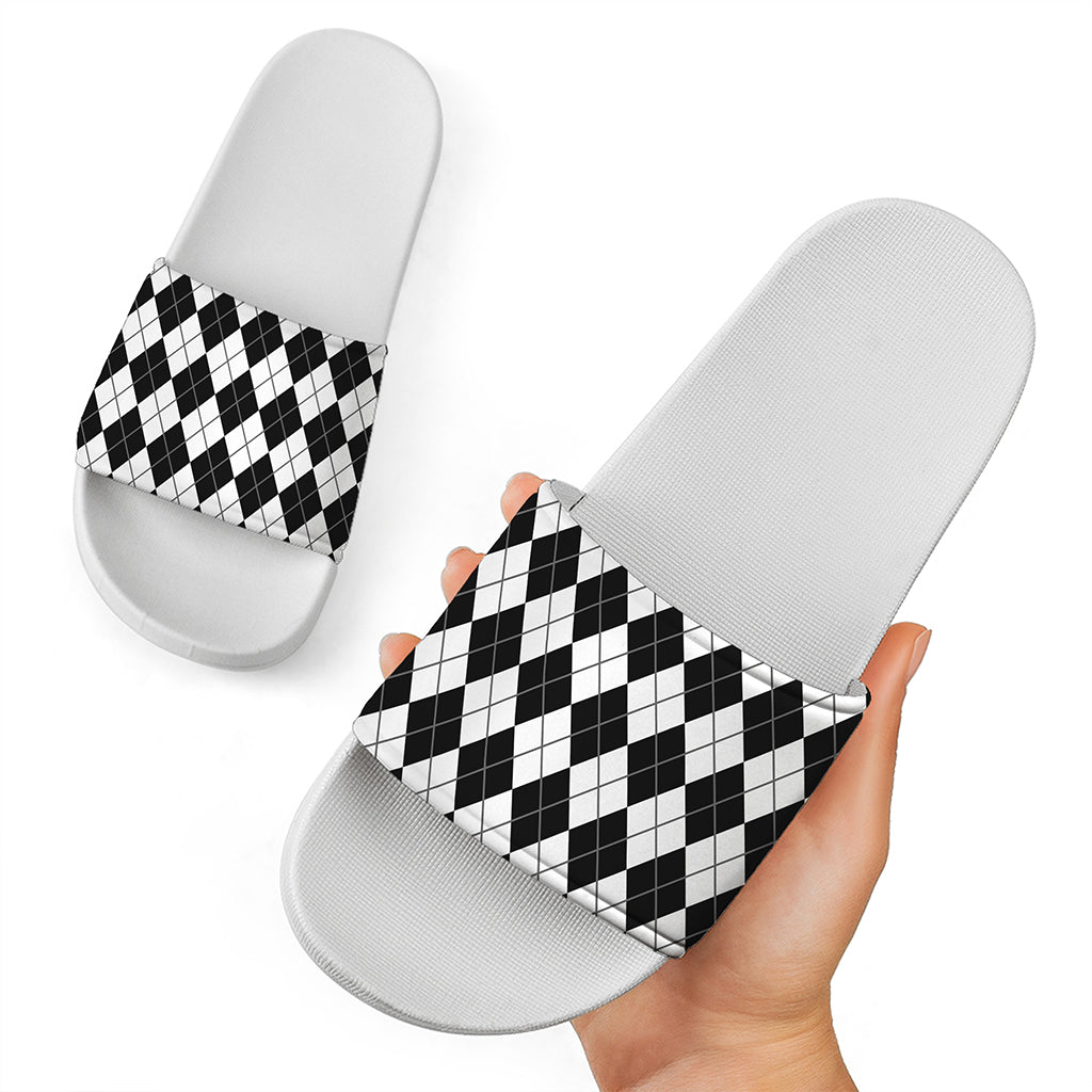 Black And White Argyle Pattern Print White Slide Sandals