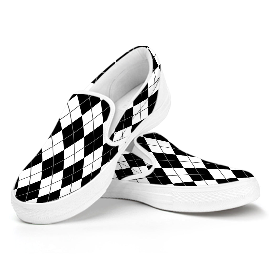 Black And White Argyle Pattern Print White Slip On Shoes