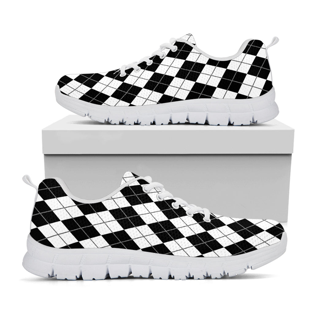 Black And White Argyle Pattern Print White Sneakers