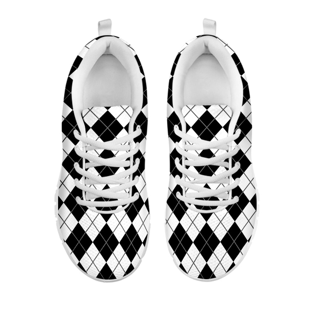 Black And White Argyle Pattern Print White Sneakers