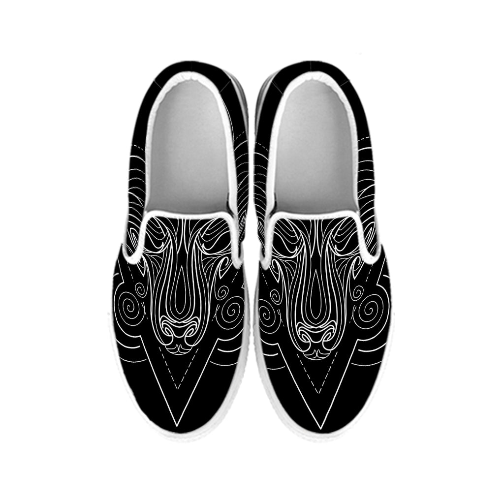 Black And White Aries Sign Print White Slip On Shoes