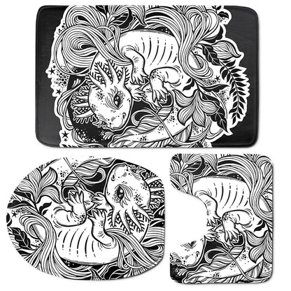 Black And White Axolotl Print 3 Piece Bath Mat Set