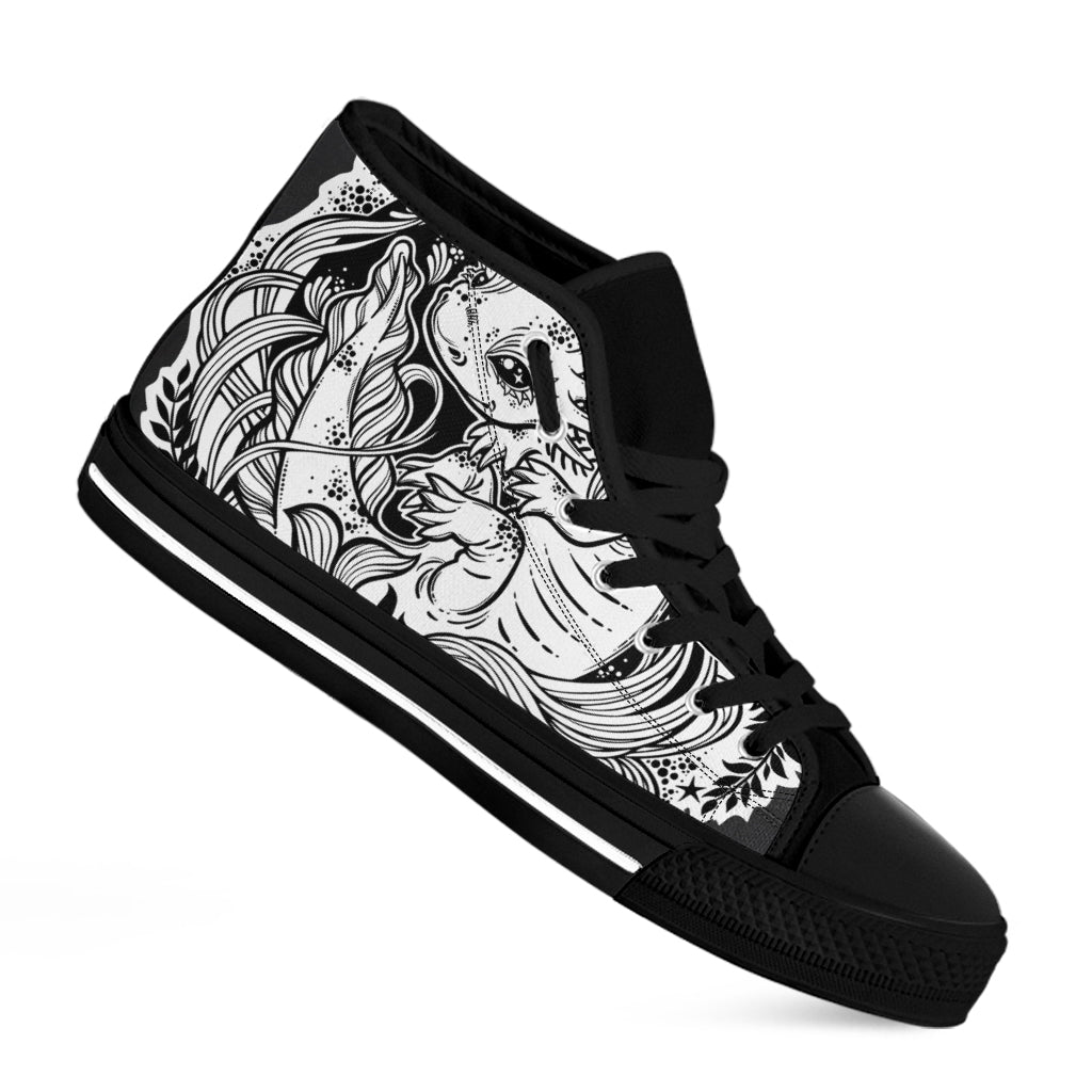 Black And White Axolotl Print Black High Top Shoes