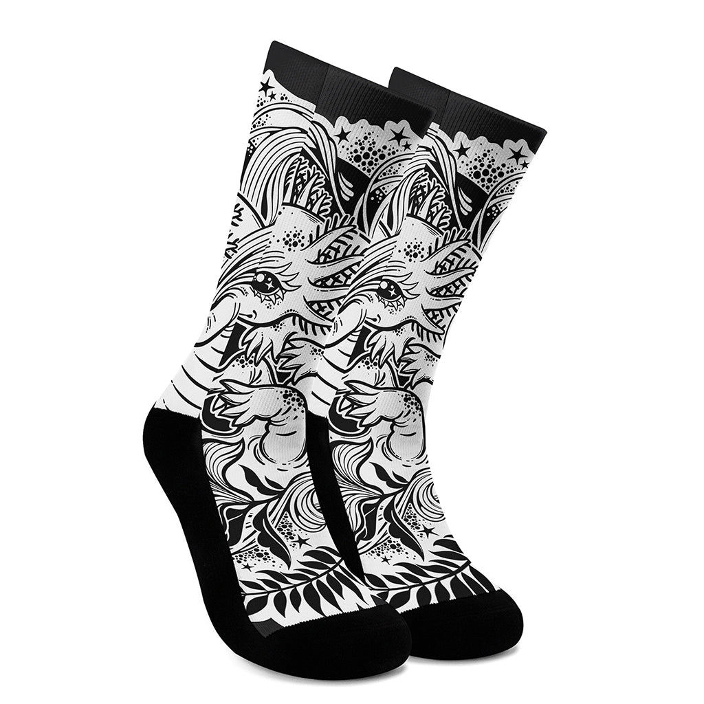 Black And White Axolotl Print Crew Socks