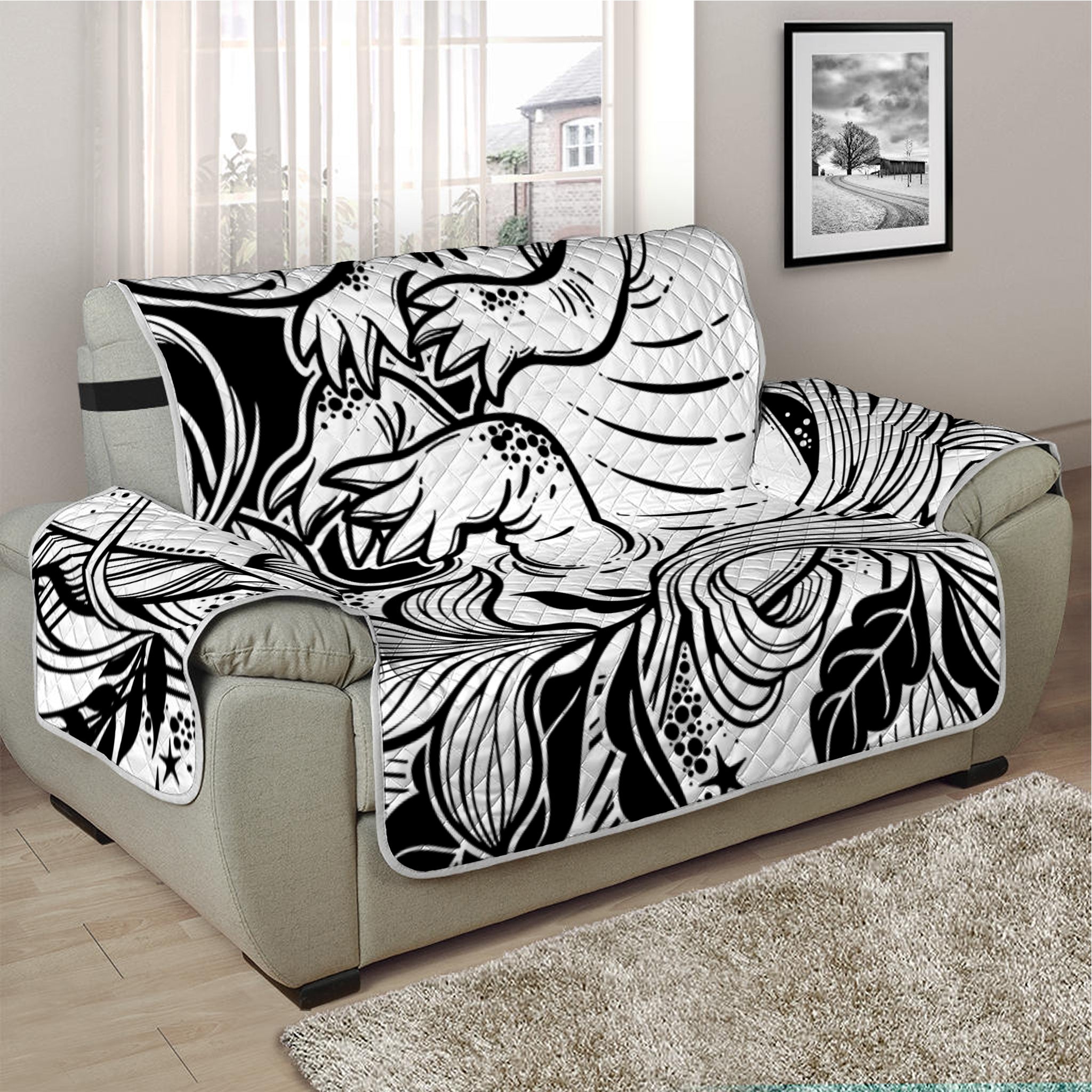 Black And White Axolotl Print Half Sofa Protector