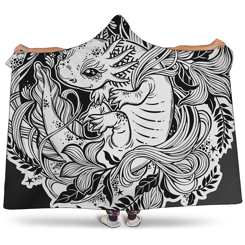 Black And White Axolotl Print Hooded Blanket