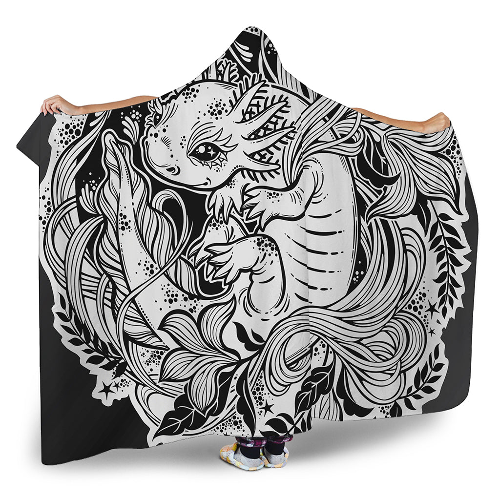 Black And White Axolotl Print Hooded Blanket