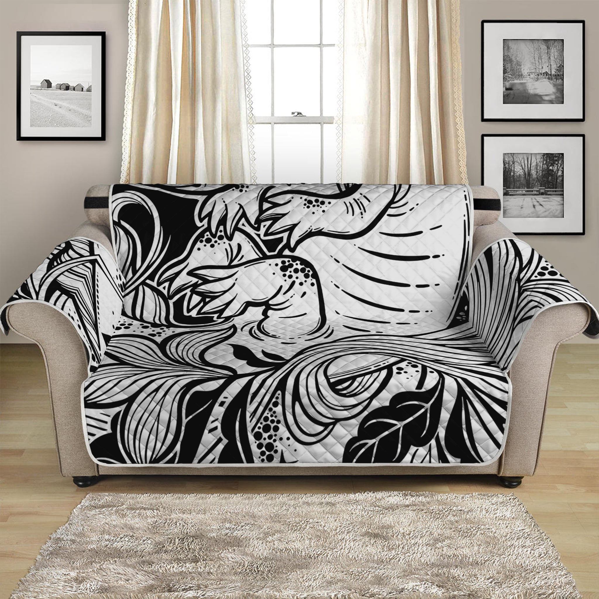 Black And White Axolotl Print Loveseat Protector