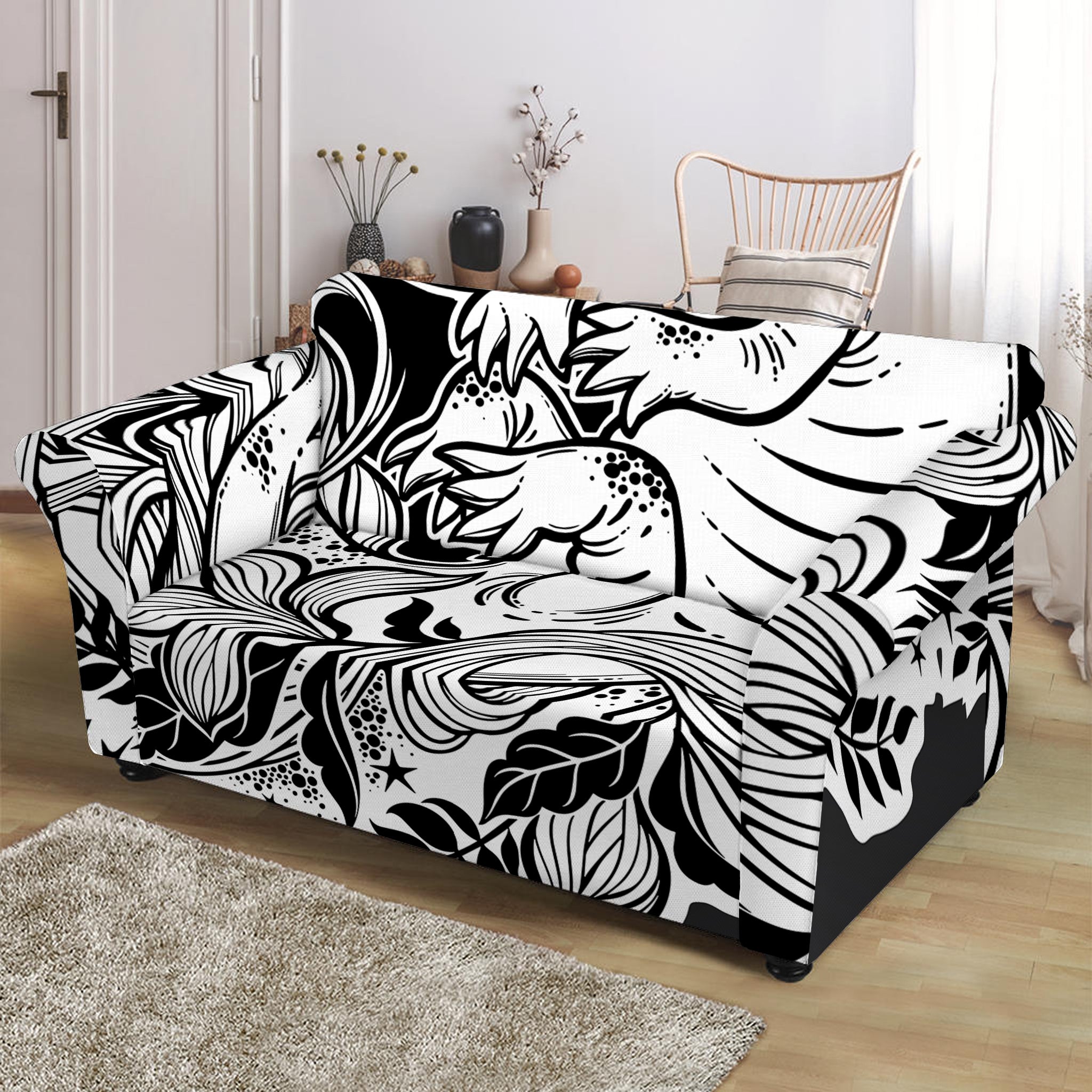 Black And White Axolotl Print Loveseat Slipcover