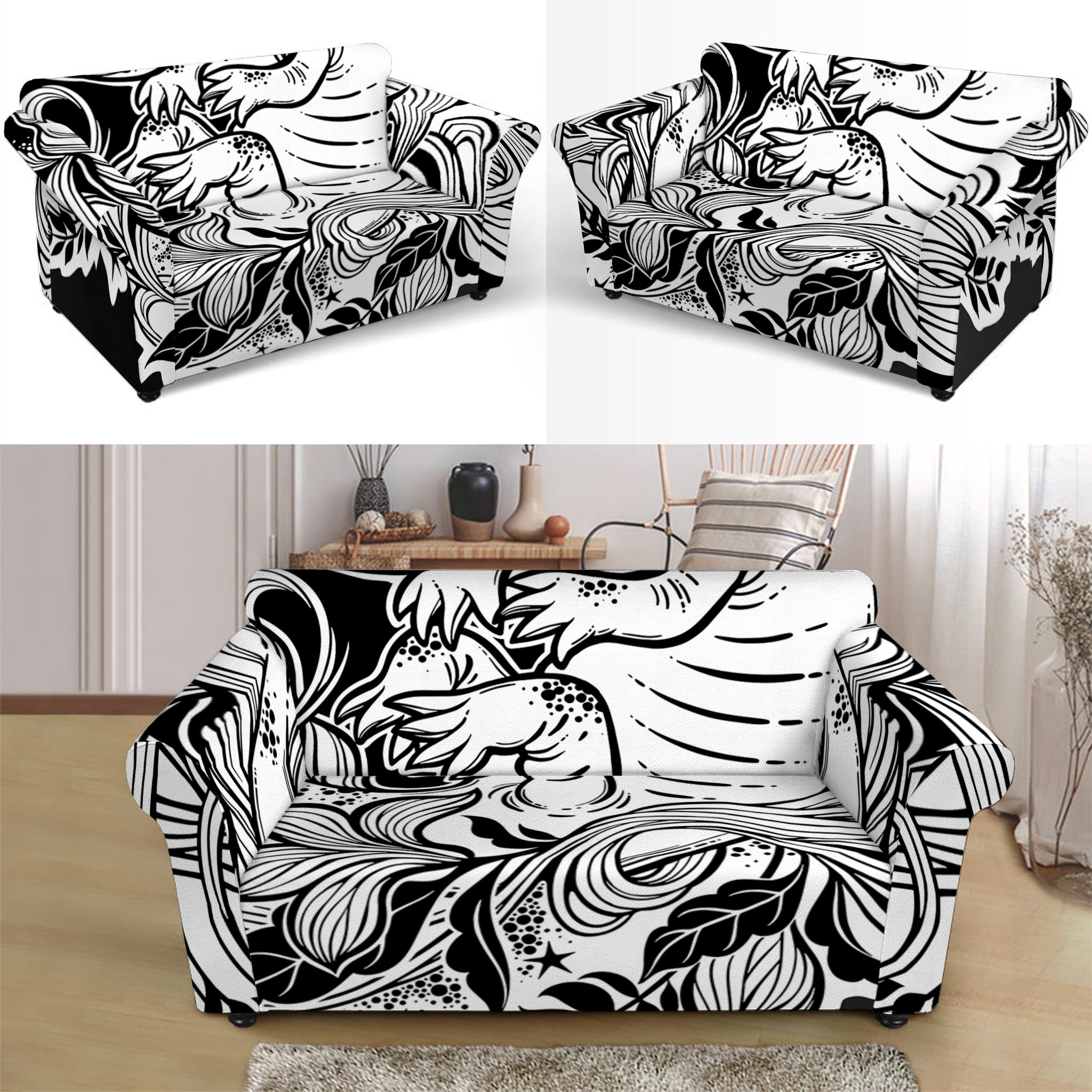 Black And White Axolotl Print Loveseat Slipcover