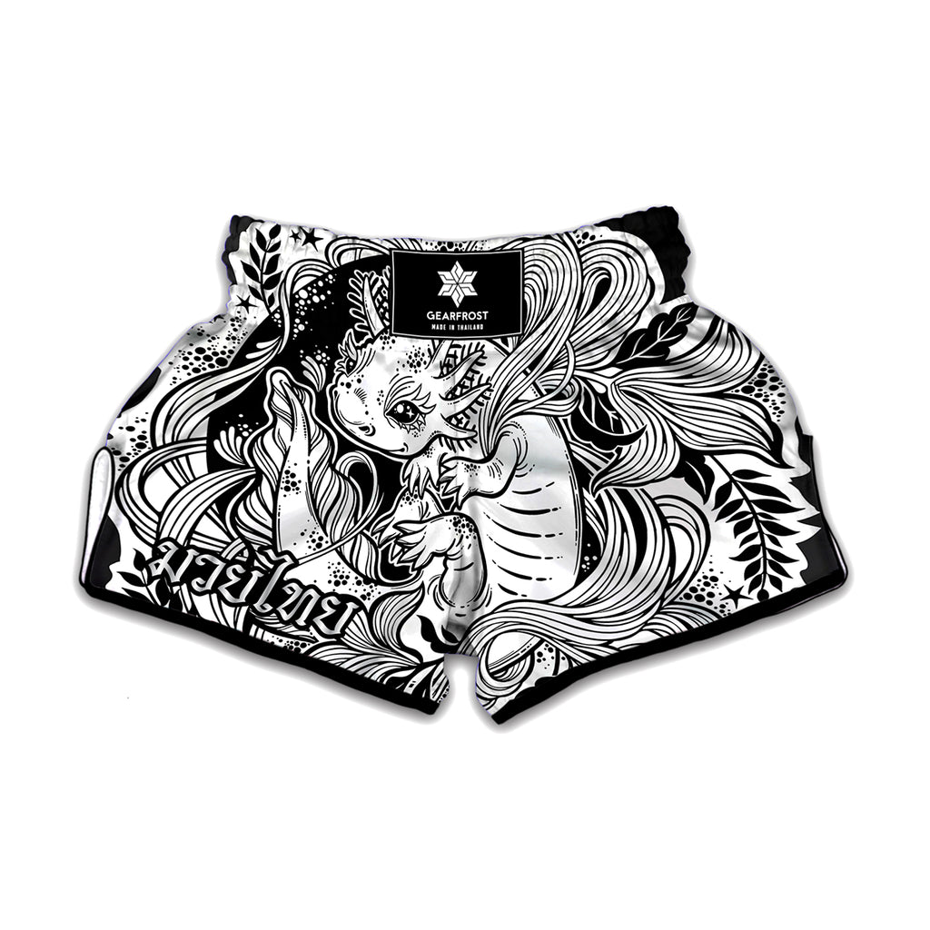 Black And White Axolotl Print Muay Thai Boxing Shorts