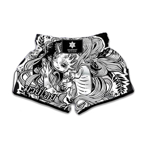 Black And White Axolotl Print Muay Thai Boxing Shorts