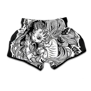 Black And White Axolotl Print Muay Thai Boxing Shorts