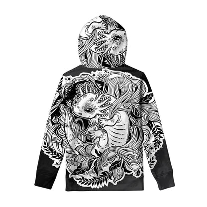 Black And White Axolotl Print Pullover Hoodie
