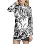 Black And White Axolotl Print Pullover Hoodie Dress