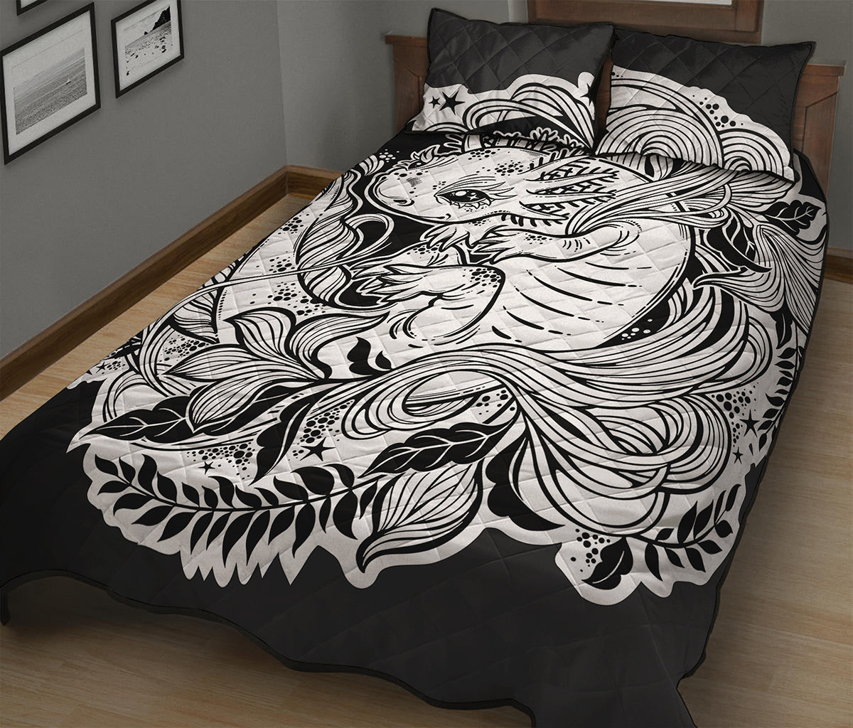 Black And White Axolotl Print Quilt Bed Set