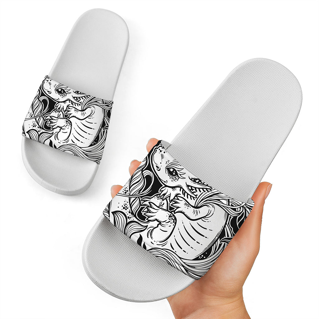 Black And White Axolotl Print White Slide Sandals
