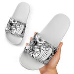 Black And White Axolotl Print White Slide Sandals