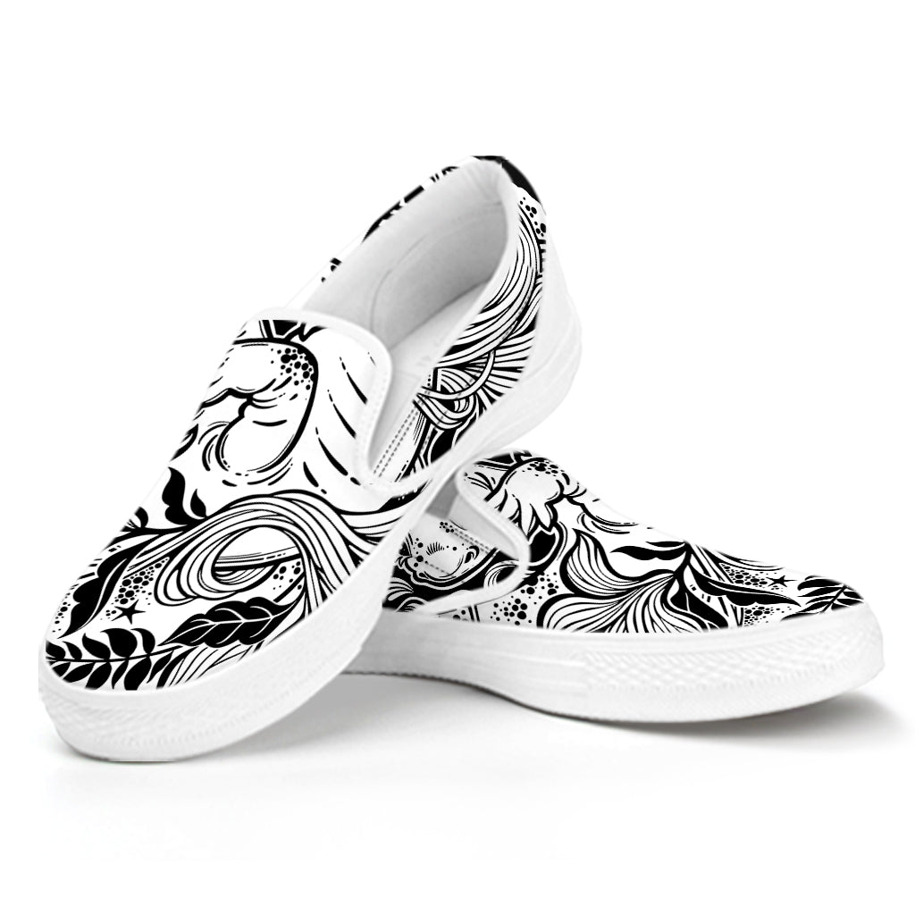 Black And White Axolotl Print White Slip On Shoes