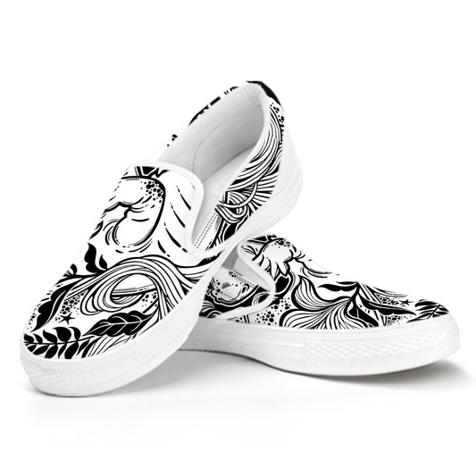 Black And White Axolotl Print White Slip On Shoes