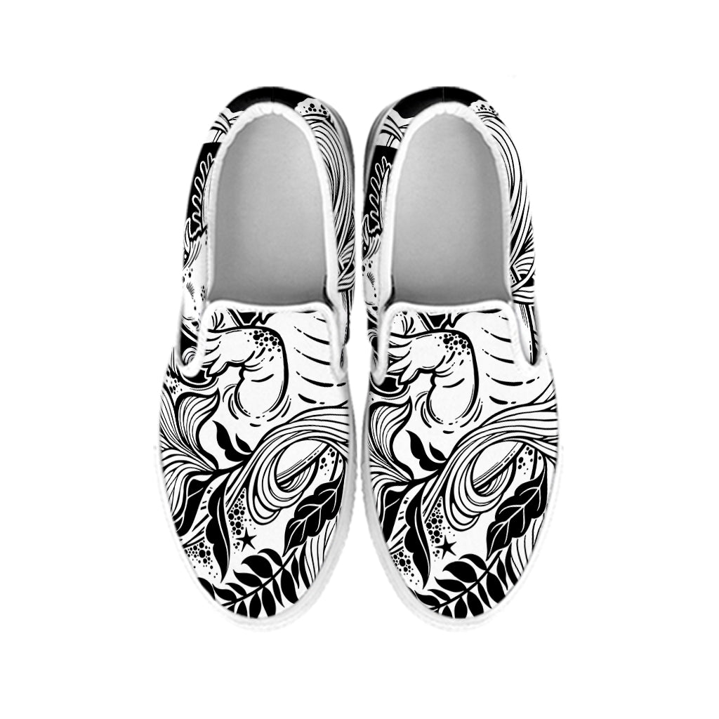 Black And White Axolotl Print White Slip On Shoes
