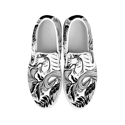 Black And White Axolotl Print White Slip On Shoes